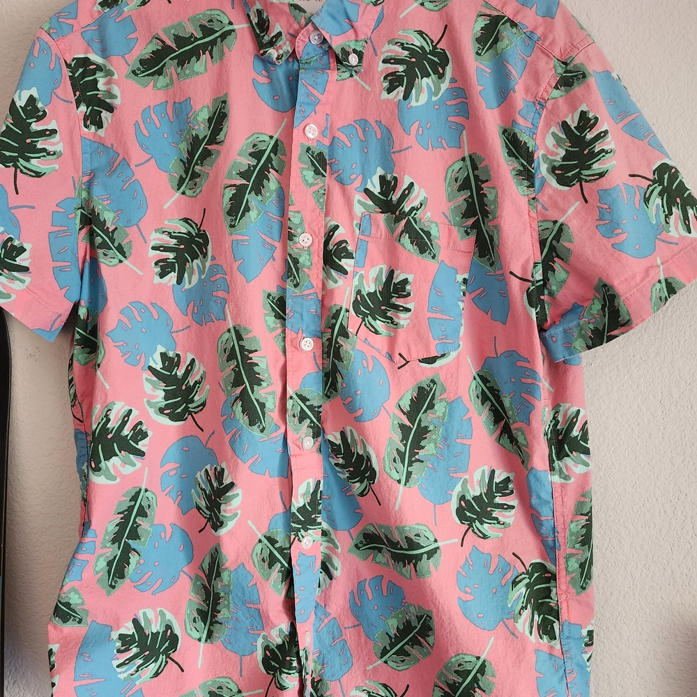 J.Crew Pink Tropical Leaf Button-Down Shirt Hawaiian Vacation Beach Wear